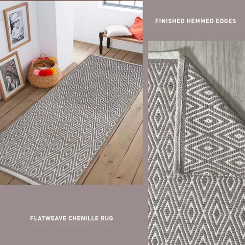 Miniatura 4 de Chardin home Alfombra de pasillo 100% algodón con diamantes de 2 x 5 pulgadas, totalmente reversible, lavable a máquina, beige grisáceo y blanco