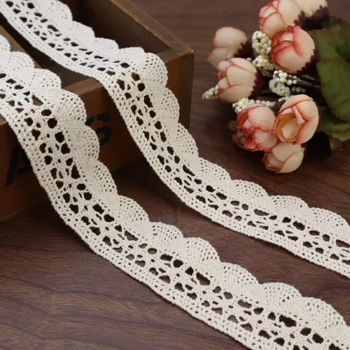 Cinta de encaje vintage de algodón beige con borde festoneado para embalaje de regalo, álbumes de recortes, decoración de bodas, 15 yardas