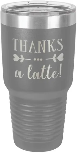 Miniatura 18 de Taza de viaje de acero inoxidable con tapa superior deslizante y pajita con texto en inglés "THANKS A LATTE 30oz Taza de viaje", compara con Yeti