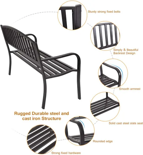 Miniatura 6 de Tangkula Banco de jardín de acero para exteriores de 50 pulgadas, banco de jardín con respaldo alto y reposabrazos inoxidables, banco ideal