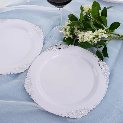 Miniatura 7 de Hioasis 100 platos de plástico blanco y plateado para fiestas, platos de postre de 7.5 pulgadas, desechables, resistentes, elegantes y elegantes