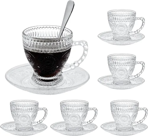 Juego de 6 tazas de té y platillos de vidrio, tazas de café vintage con cuchara de acero inoxidable, aptas para lavavajillas y microondas, para jugo