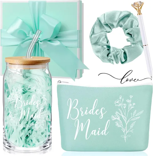 Miniatura 9 de Umigy Juego de 5 vasos de cristal para dama de honor, incluye taza de vidrio con tapa, bolsa de maquillaje, coleteros para el cabello, bolígrafos