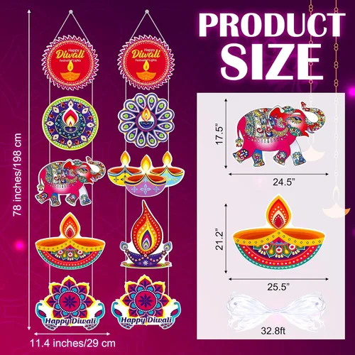 Miniatura 2 de Hotop 2 carteles colgantes con temática de Deepavali de 78 x 11.4 pulgadas, decoraciones Diwali para el hogar, festival de luces, fiesta, puerta