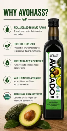 Miniatura 3 de Avohass Aceite de aguacate orgánico extra virgen de 16.9 onzas, certificado USDA, primer prensado en frío, sin refinar, sin OMG, de origen mexicano