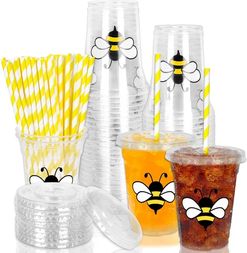 Miniatura 29 de Whaline 50 vasos de plástico desechables patrióticos de 12 onzas con tapas y pajitas con la bandera estadounidense del 4 de julio, vasos