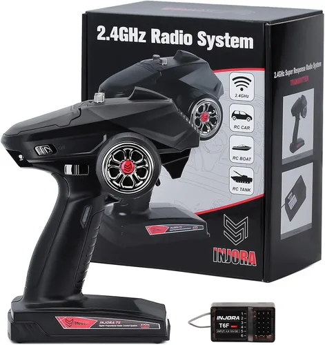 INJORA Transmisor RC 2.4GHz 6CH Controlador y receptor para 1/8 1/10 RC Coche Barco Tanques Crawler TRX4 SCX10 Piezas de actualización (T6F)