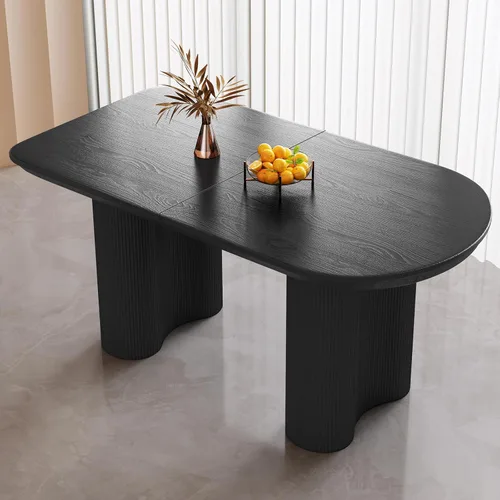 Mesa de comedor negra de 55 pulgadas, una mesa rectangular de extremo redondeado con patas de diseño ondulado para cocina, comedor, oficina en casa
