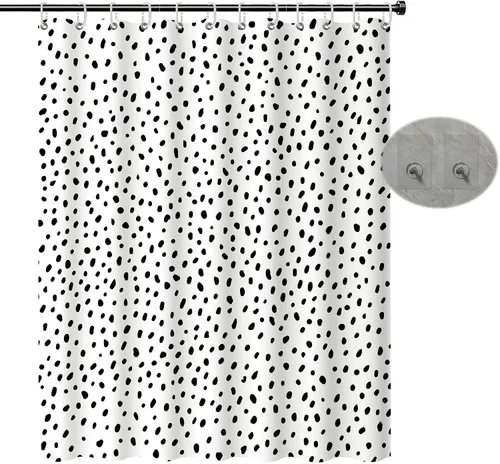 Cortina de ducha de lunares negros para baño, diseño pequeño y moderno de lunares negros sobre blanco, tela de poliéster impermeable para niños, 72
