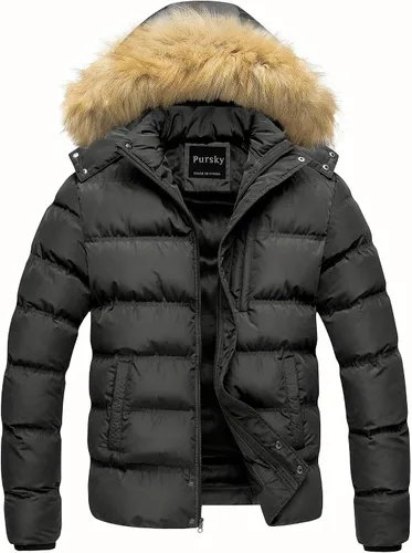 Miniatura 11 de Pursky Chaqueta de plumón impermeable para hombre, abrigos de invierno con capucha de piel para esquiar, parka con capucha de piel