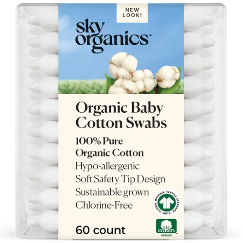 Sky Organics - Hisopos de algodón orgánico para bebés, 60 unidades - Consejos ultra suaves seguros para bebés - Fuerte y duradero - Hipoalergénico -