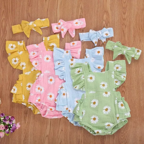 Miniatura 2 de Bebé Niñas Impresión Margarita Algodón Lino Volantes Sin Mangas Mameluco Mono Mono con Headaband Ropa Infantil Verano