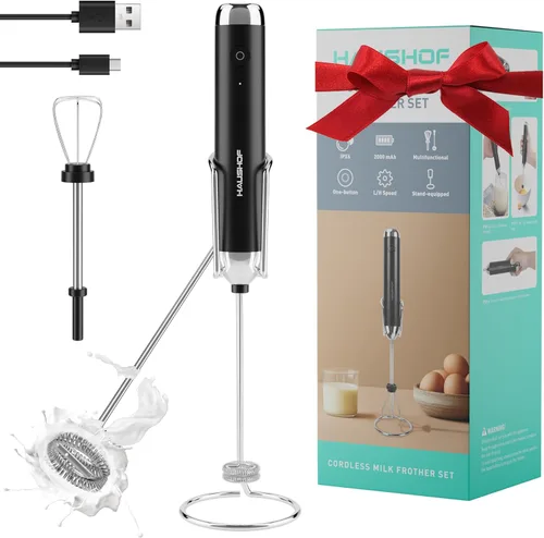 HAUSHOF Potente varita espumadora de leche recargable con soporte, máquina de espuma eléctrica de mano, mezclador de bebidas con 2 batidores