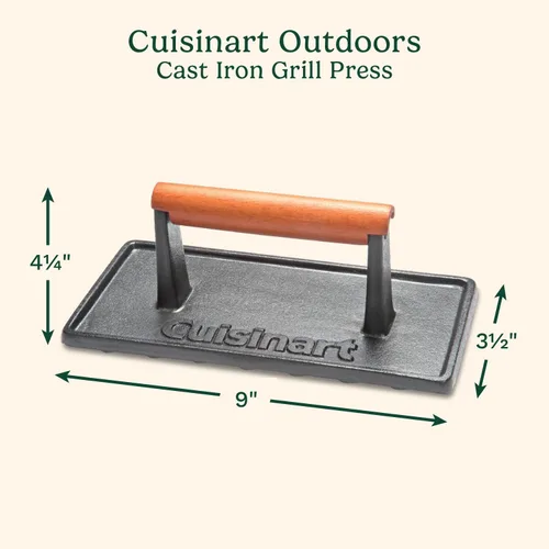 Miniatura 9 de Cuisinart - Prensa de parrilla de hierro fundido con mango de madera, prensa de hamburguesa rectangular antiadherente de alta resistencia con mango