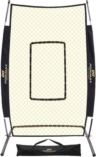Miniatura 8 de PodiuMax Pantalla de lanzamiento de béisbol de 7 x 4 pies con zona de ataque, red de bateo con base en forma de U mejorada, red de lanzamiento