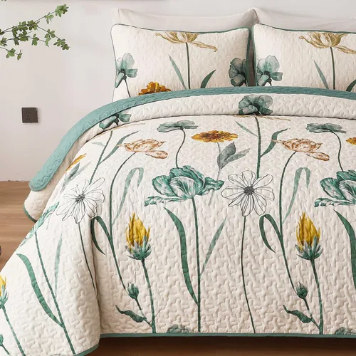 Miniatura 6 de WONGS BEDDING - Juego de edredón floral tamaño Queen, edredón botánico verde y amarillo con 2 fundas de almohada, juego de ropa de cama ligera