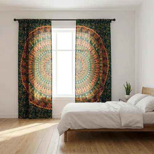 Miniatura 13 de Popular Handicrafts Cortinas hippie azul con mandala de camello de 100 pulgadas de largo para sala de estar o dormitorio, juego de 2 paneles