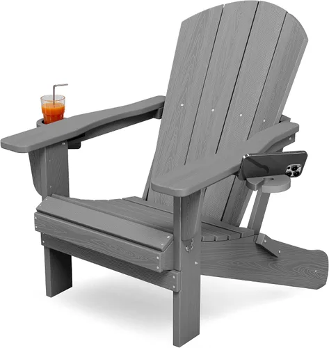 Miniatura 24 de KINGYES Silla plegable Adirondack con portavasos dobles - Sillas de exterior de HDPE para todo clima, silla de patio tipo madera para el patio Negro