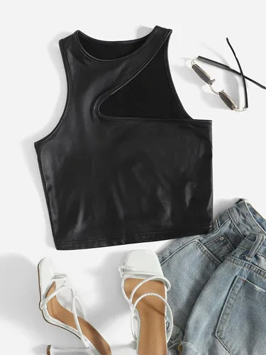 Miniatura 5 de SheIn Camiseta corta sin mangas asimétrica de piel sintética con cuello redondo para mujer