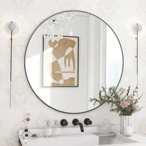 Miniatura 10 de BEAUTYPEAK Espejo redondo de 20 pulgadas, espejo circular con marco de metal, montado en la pared para entrada, baño, tocador, sala de estar, negro
