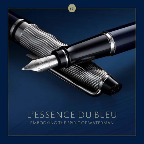 Miniatura 2 de Waterman Pluma estilográfica Expert Metal y laca azul Tapa cincelada Punta fina de acero inoxidable Tinta azul Caja de regalo