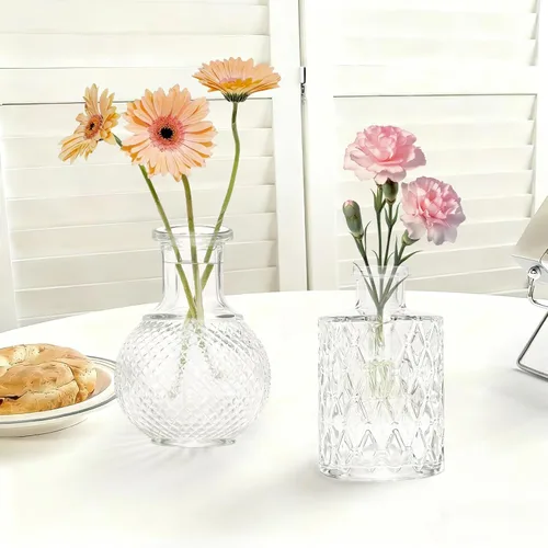Miniatura 5 de KJHL Juego de 4 jarrones pequeños de cristal para flores, jarrones de flores pequeños transparentes vintage para centros de mesa de boda, mini