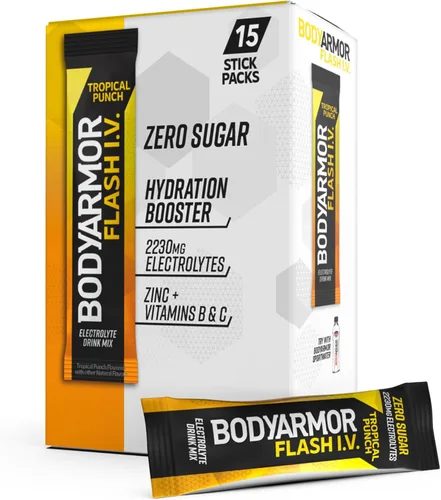 Miniatura 7 de BODYARMOR Paquetes de electrolitos Flash IV con cafeína, paquete variado de frambuesa azul y bayas de dragón, mezcla de bebida energética sin