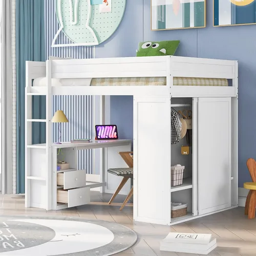 Miniatura 15 de Cama tipo loft de tamaño individual con escritorio en forma de L y 3 cajones, marco de cama de madera con escalera y armario de almacenamiento