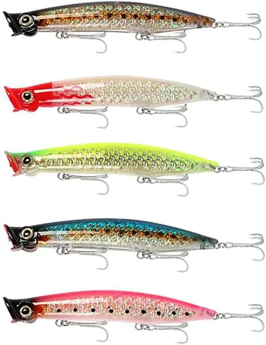 Miniatura 11 de Señuelos de pesca Popper cebo de pesca Topwater cebos duros ojos 3D Swimbait Crankbait con gancho de agudos para lubina, trucha, agua dulce y salada
