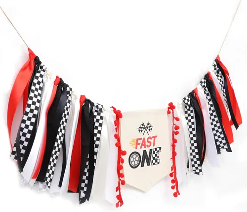 Miniatura 6 de Fast One - Cartel de cinta para silla alta – Decoración de fiesta de primer cumpleaños de carreras, cinta roja y negra, telón de fondo de fotos