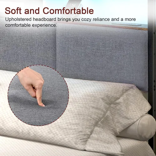 Miniatura 6 de Livofloral Cabecera tapizada de tamaño Queen con 2 tomas de corriente y luz LED, tablero principal con estantes de almacenamiento para cama, solo