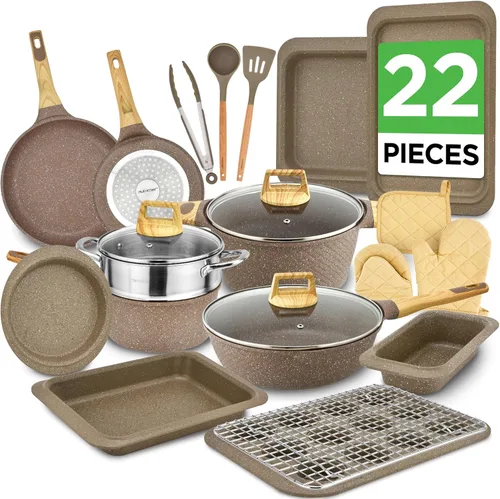 Miniatura 9 de NutriChef Juego de ollas y sartenes antiadherentes de 14 piezas, juego de utensilios de cocina de inducción, sin PFAS para todas las estufas, Dorado