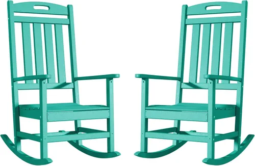 Juego de 2 mecedoras para exteriores, sillas mecedoras de plástico con respaldo alto para porche exterior, jardín, césped, resistente a todo tipo de