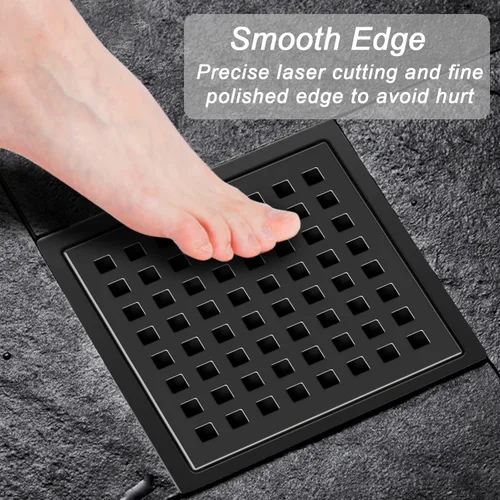 Miniatura 6 de EXF Drenaje de ducha cuadrado de 6 pulgadas con base de brida ABS, drenaje de piso de acero inoxidable 304 negro mate, rejilla extraíble y colador