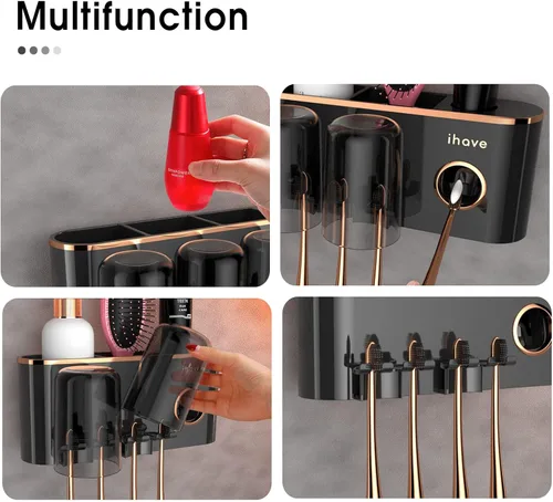 Miniatura 6 de iHave Portacepillos de dientes, accesorios de baño con dispensador de pasta de dientes, 2 tazas soporte para cepillos de dientes, decoración de baño