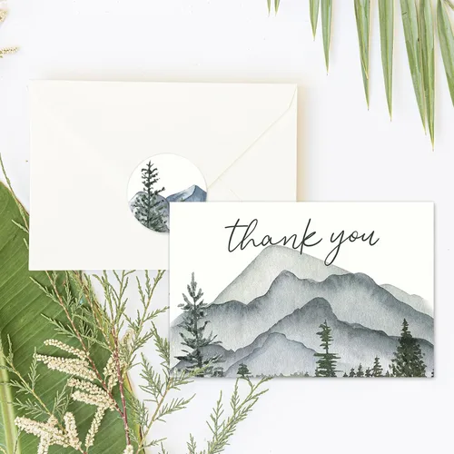 Miniatura 3 de AnyDesign Paquete de 36 tarjetas de agradecimiento de bosque de acuarela, montañas, paisaje, con sobres, calcomanías de bosque de montaña, tarjeta