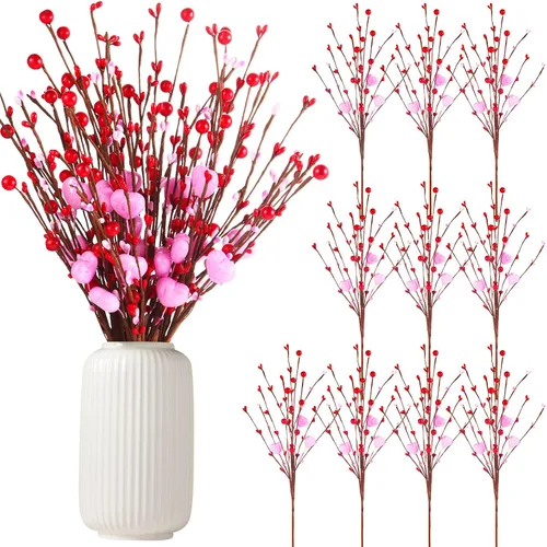 Miniatura 10 de 10 piezas de plantas artificiales de Pascua, tallos de bayas y corazones, flores artificiales de 16 pulgadas, ramo de ramas de tallo de ramita