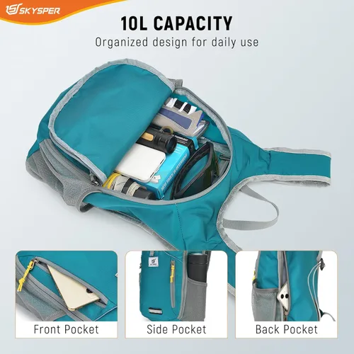 Miniatura 2 de SKYSPER Mochila de senderismo pequeña plegable de 10 litros, plegable, ligera, para senderismo, viaje, para mujeres y hombres Cian