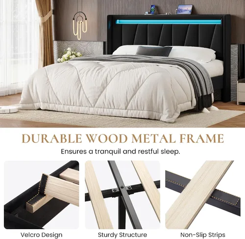 Miniatura 7 de SHA CERLIN - Base de cama Queen con estación de carga y luces LED, cama moderna de plataforma de terciopelo con cabecero tapizado geométrico,