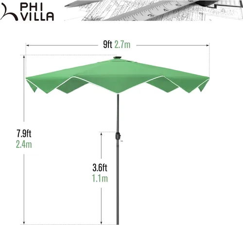 Miniatura 6 de PHI VILLA - Sombrillas de patio de 9 pies con 24 luces LED solares, sombrilla iluminada para mesa de mercado al aire libre con 8 varillas de acero