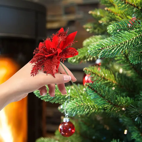 Miniatura 3 de FurRain Flores Artificiales de Navidad de Poinsettia 5.5" Guirnalda de Árbol de Navidad 12 Piezas Flores con Brillantina Adornos para Navidad Nueva