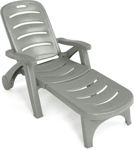 Miniatura 14 de Giantex Tumbona plegable con ruedas, silla de patio al aire libre, tumbona ajustable con ruedas reclinable de 5 posiciones con reposabrazos