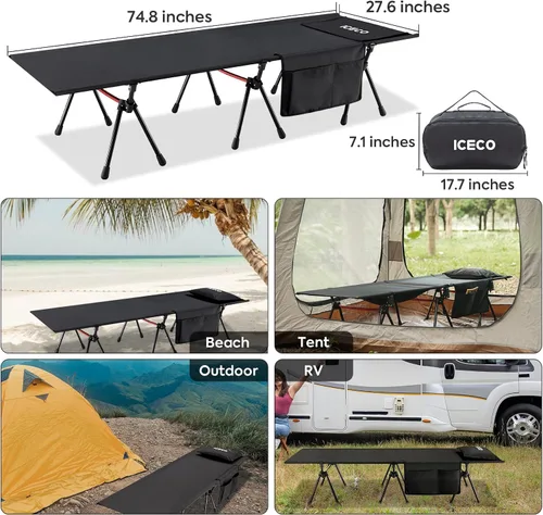 Miniatura 7 de ICECO Catre de campamento XL para adultos, cama portátil, cama plegable ultra estable, soporta 400 libras, ideal para tienda de campaña, al aire