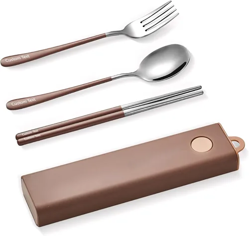 Miniatura 9 de Muka Juego de 3 utensilios portátiles personalizados, palillos de acero inoxidable, tenedor, cuchara de viaje con logotipo personalizado y nombre