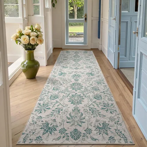 Miniatura 337 de jinchan Lima - Alfombra simétrica floral geométrica lavable, alfombra de entrada de medio círculo de 2 x 3, alfombra de media luna, suave y Azul