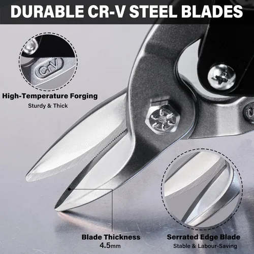 Miniatura 3 de HAUTMEC HT0068 - 3 tijeras de hojalata de aviación para cortar láminas de metal, tijeras de metal CR-V de alta resistencia, herramientas de corte