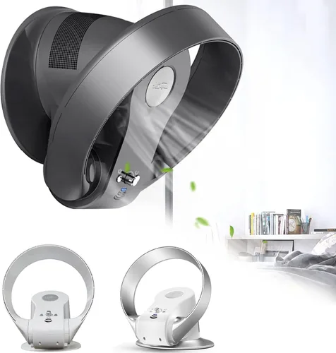 Ventilador de pared sin aspas de 14 pulgadas, 26 W/control remoto, temporizador, ventilador de escritorio sin aspas, 7 velocidades/aire de Negro