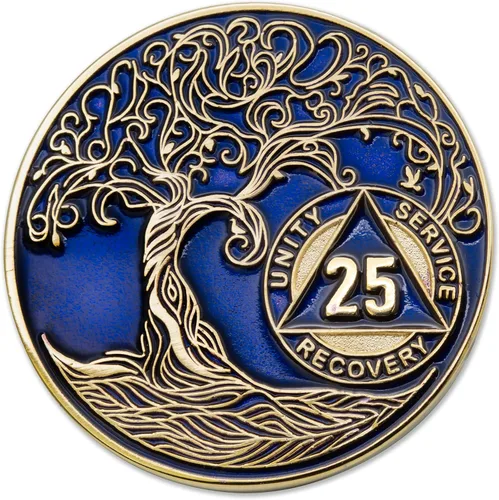 Miniatura 151 de 20 Year Sobriety Mint Twisted Tree of Life - Medallón de recuperación AA chapado en oro, fichas y fichas, color negro