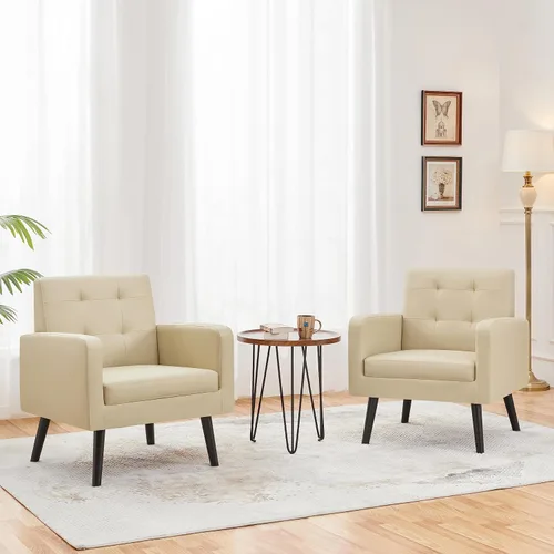 Miniatura 2 de Topeakmart Silla decorativa de mediados de siglo, moderna y acogedora silla de sofá de piel sintética con cojín grueso y patas de madera resistentes