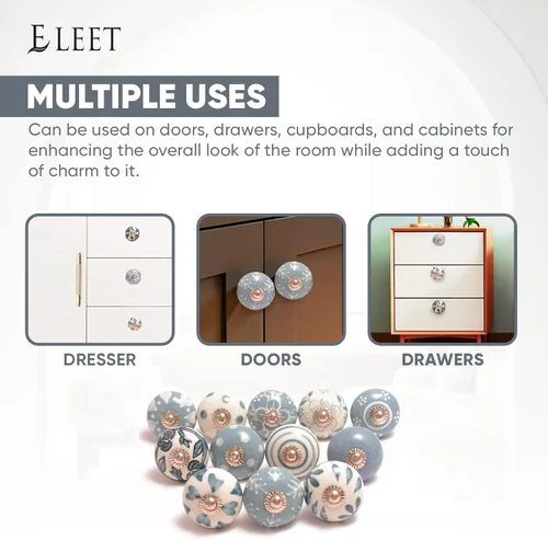 Miniatura 5 de Eleet - Conjunto de perillas de cerámica surtidas para armarios y cajones vintage, tiradores de puerta y cajón, hardware cromado